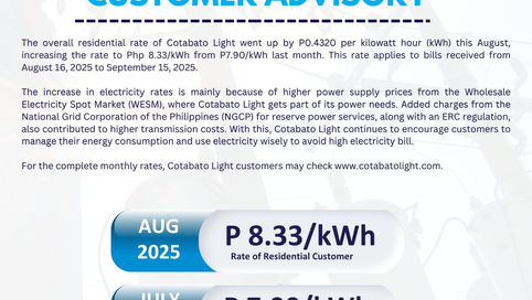 Cotabato Light Announces an increase in electricity rates for the billing month of August 2025