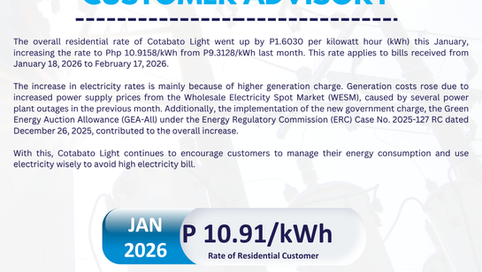 Cotabato Light Announces Rate Hike Driven by Higher Generation Cost for January 2026 Billing