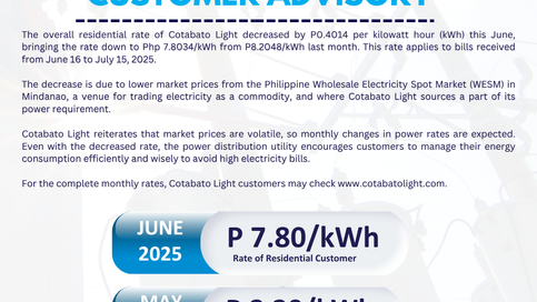 Cotabato Light Announces a reduction in electricity rates for the billing month of June 2025