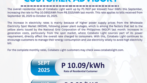 Cotabato Light Announces an increase in electricity rates for the billing month of September 2025