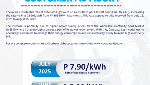 Cotabato Light Announces an increase in electricity rates for the billing month of July 2025